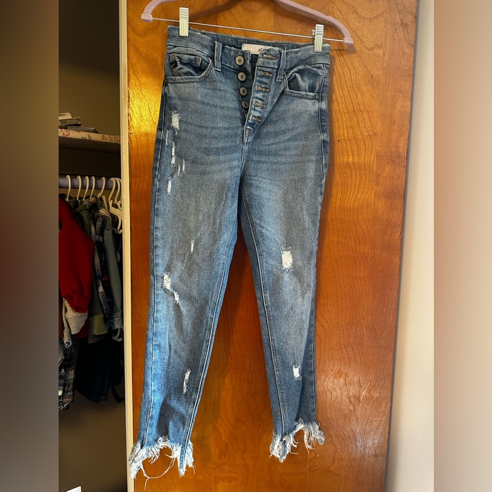 Women’s Blue Distressed High-Rise Button-Fly Jeans